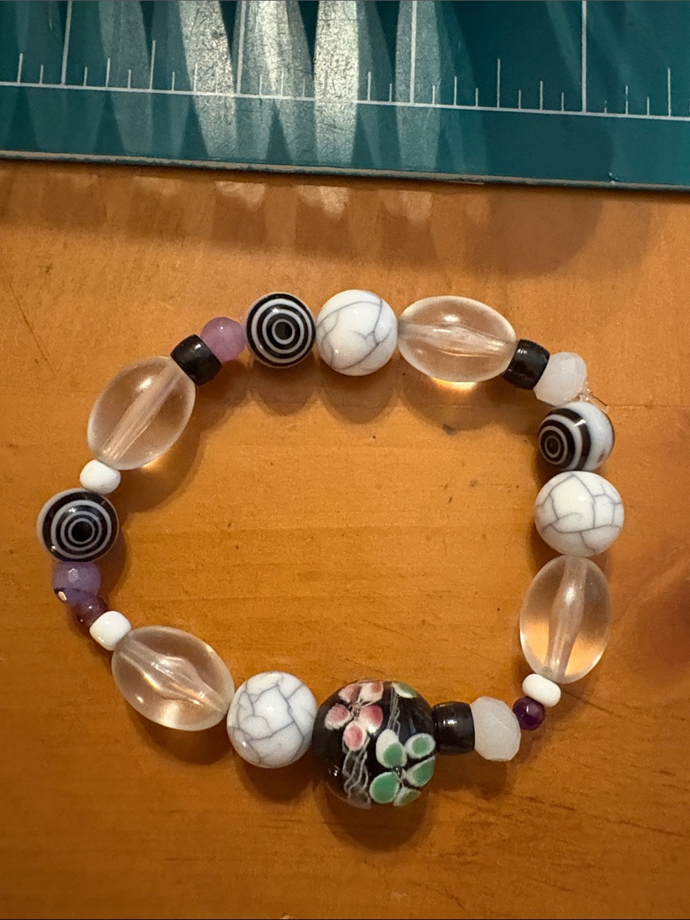 Handmade Floral Black & White Beaded Stretch Bracelet